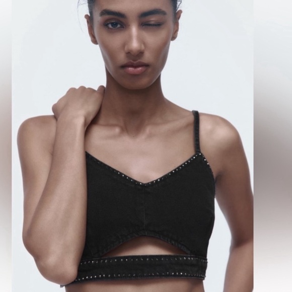 NWT Zara Black Denim Crop Top - Picture 3 of 4